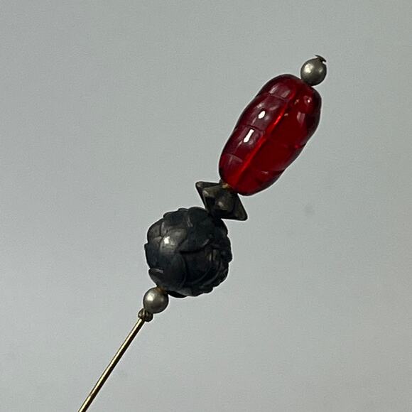 Vintage 8" Hat Pin Red Swirl Glass Carved Rose Bead Stick Pin Mid Century - Picture 4 of 6